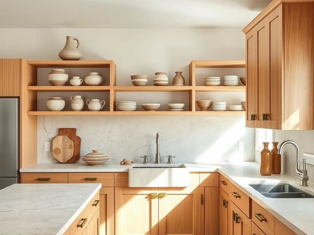 Coastal kitchen featuring natural stone countertops, handcrafted ceramic vessels, and sustainable wood cabinetry