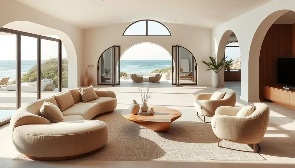 Coastal living room featuring curved furniture, organic shapes, and a seamless indoor-outdoor connection