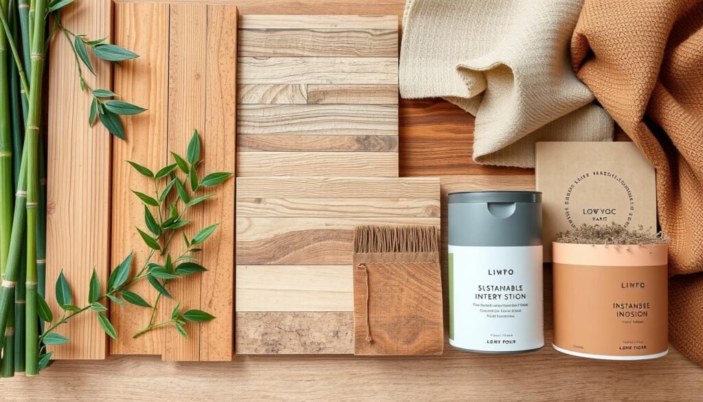 Collection of sustainable materials including bamboo, cork, reclaimed wood, and natural textiles for eco friendly living and sustainability in home interior design
