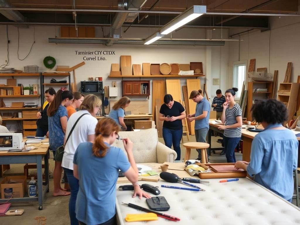 Community workshop where people are learning sustainable DIY skills like furniture restoration