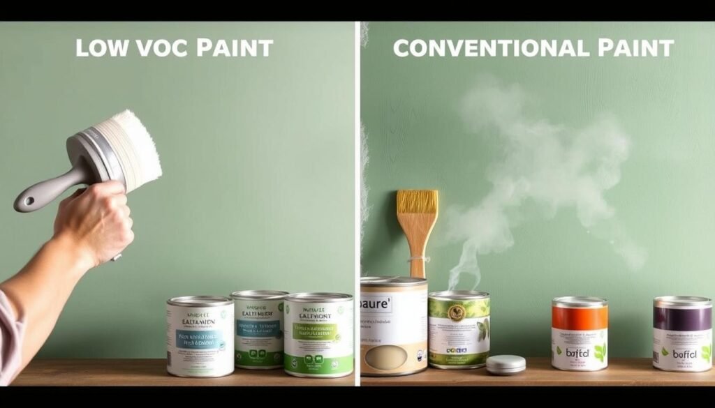Comparison of low-VOC paints versus conventional paints showing difference in chemical emissions