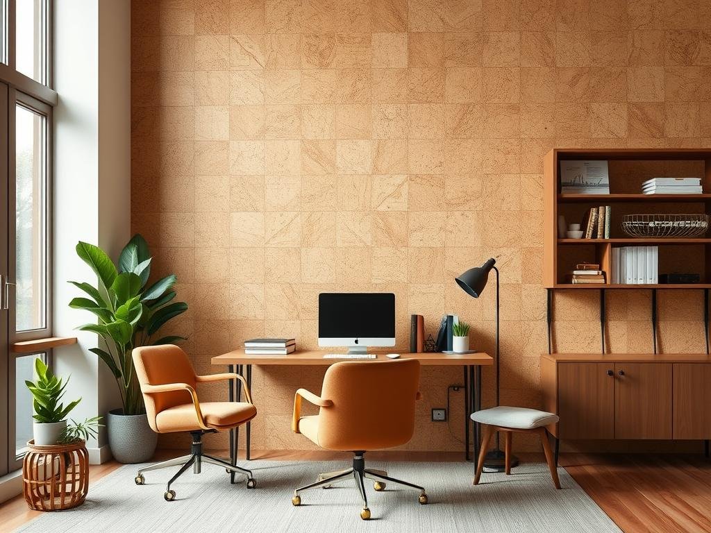 Cork wall tiles creating a textured accent wall in a sustainable home office