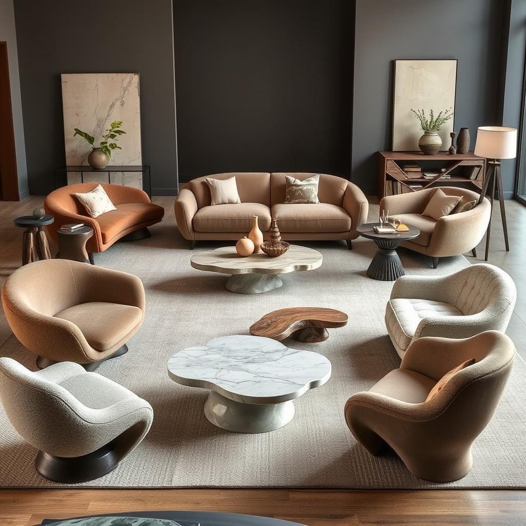 Curved, organic furniture pieces representing the biomorphic trend in eclectic home interior design
