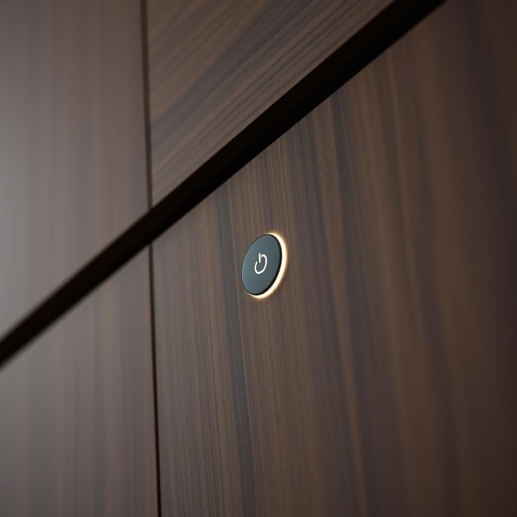 Dark wood paneling with integrated smart home controls