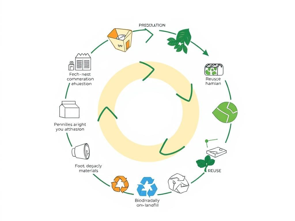 Diagram showing circular lifecycle of sustainable materials from production to reuse or biodegradation