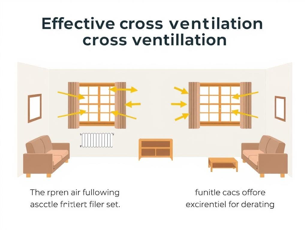 Diagram showing effective cross ventilation in a room with furniture placement optimized for airflow
