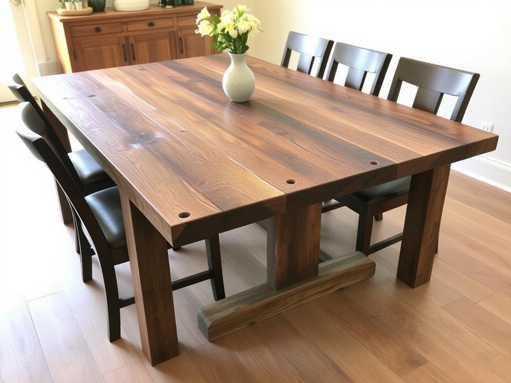 Dining table made from reclaimed barn wood showing unique character and patina