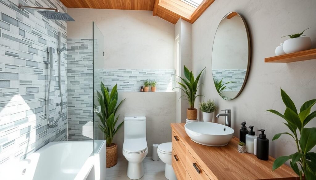 Eco-friendly bathroom with water-saving fixtures, sustainable materials, and natural light for eco friendly living and sustainability in home interior design