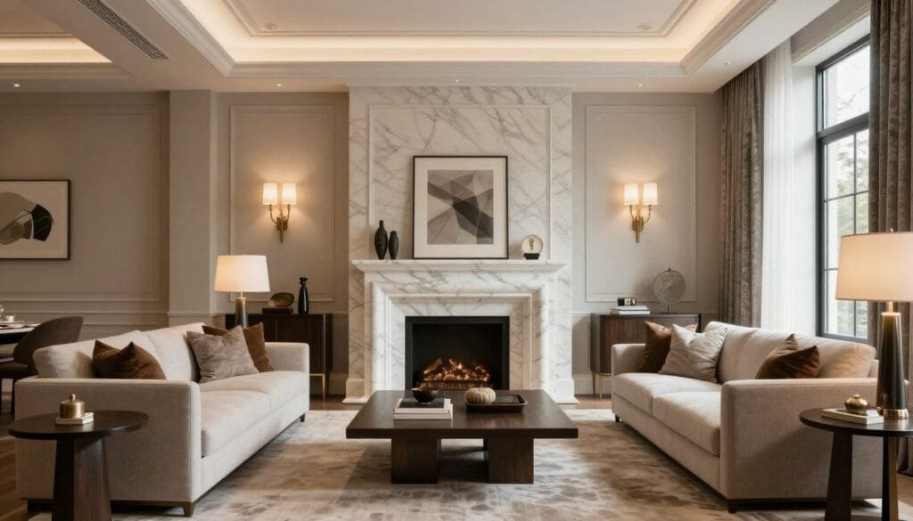 Elegant luxury living room with fireplace, custom millwork, and comfortable seating arrangement