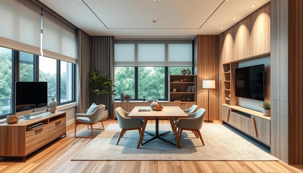 Flexible smart home space that transforms from work area to entertainment zone