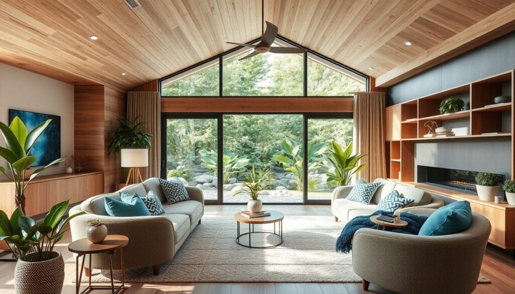 Futuristic yet warm smart home interior with seamless technology integration