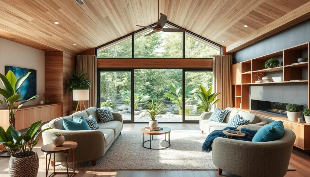 Futuristic yet warm smart home interior with seamless technology integration