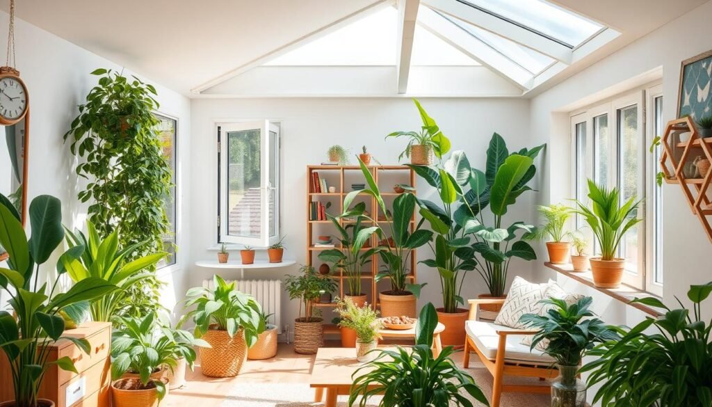 Healthy home interior with air-purifying plants, natural ventilation, and non-toxic materials for eco friendly living and sustainability in home interior design