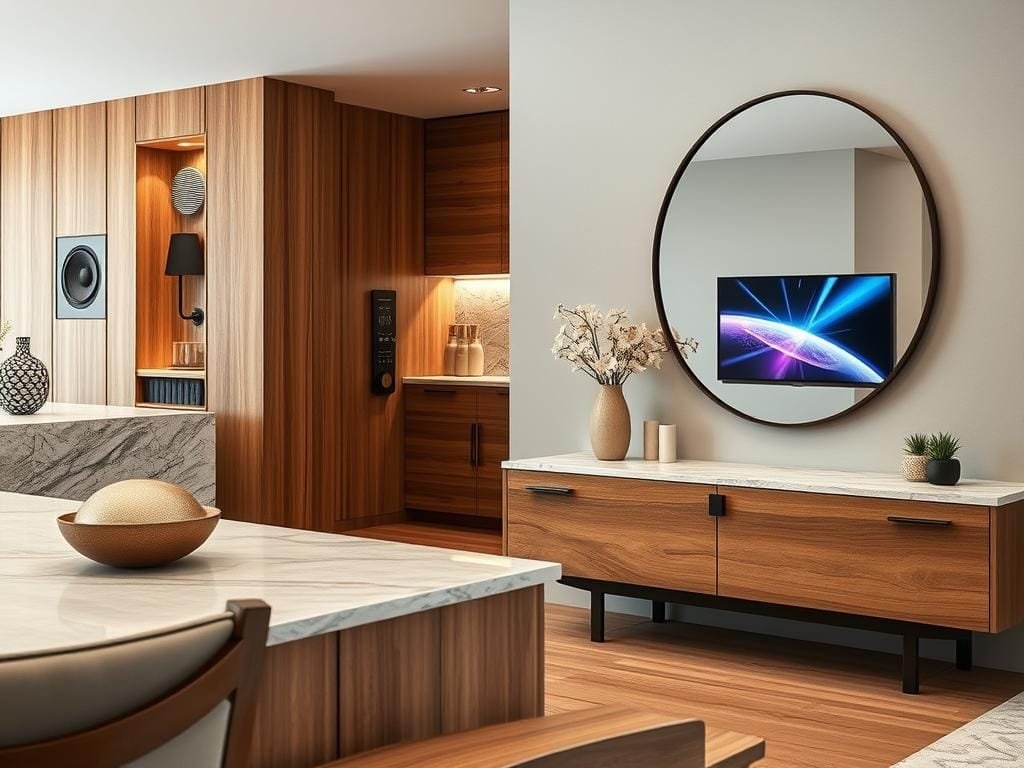Hidden smart home technology integrated into natural materials and furniture