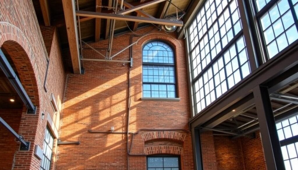 Historic industrial loft conversion showing original architectural features Historic industrial loft conversion showing original architectural features
