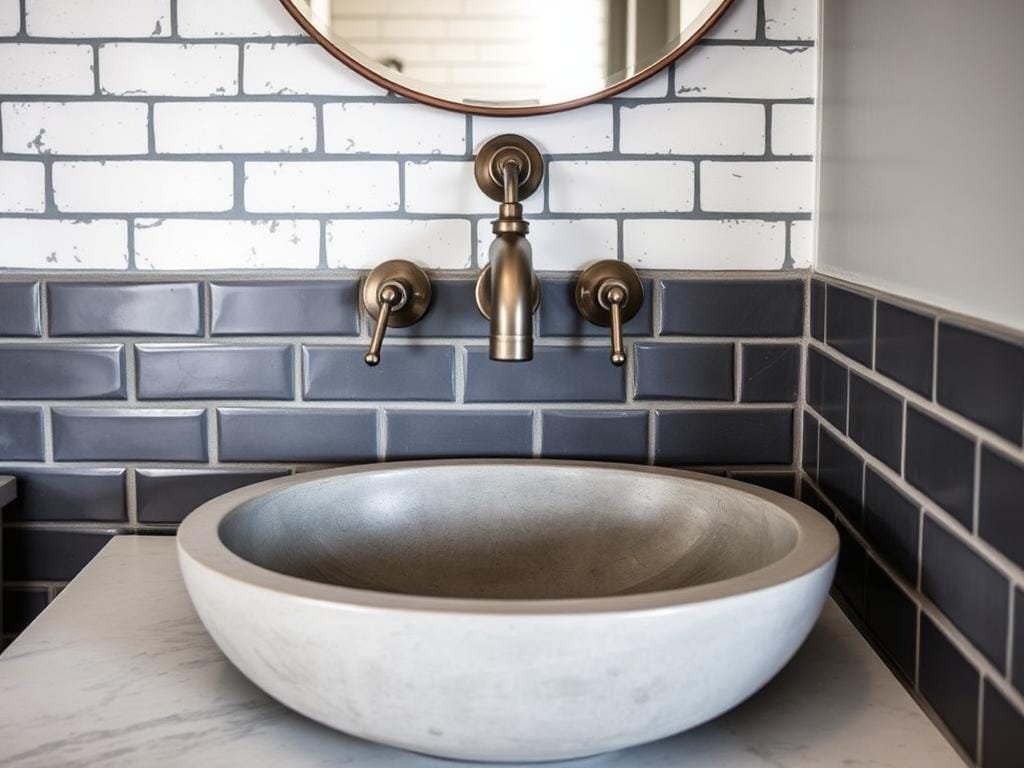 Industrial bathroom with concrete sink and subway tile Industrial bathroom with concrete sink and subway tile