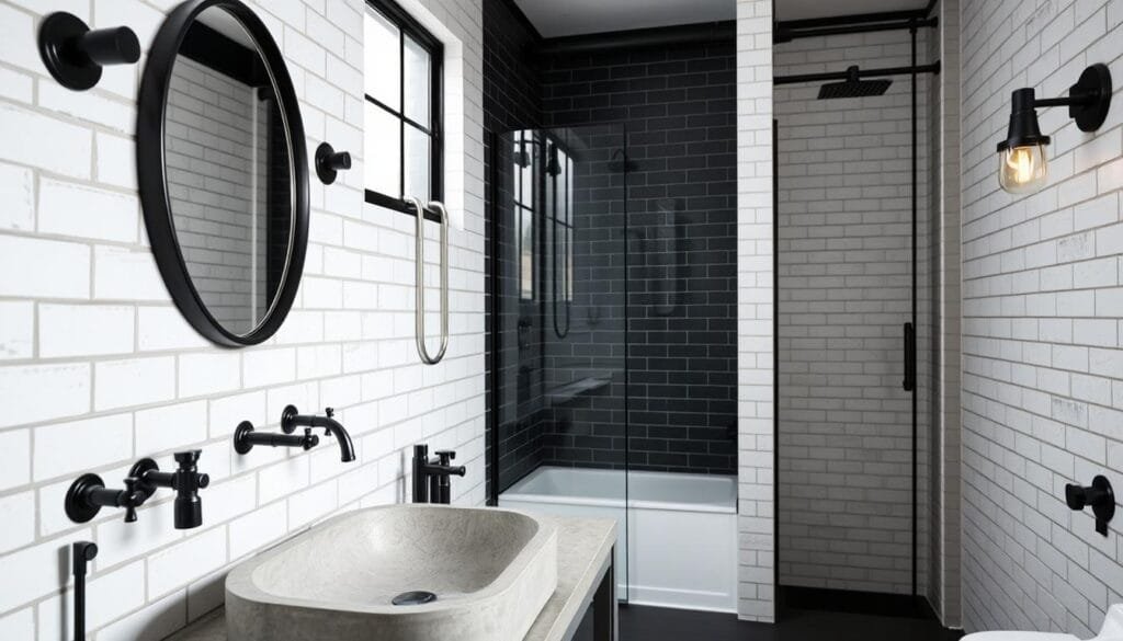 Industrial bathroom with concrete sink, subway tile, and black fixtures Industrial bathroom with concrete sink, subway tile, and black fixtures