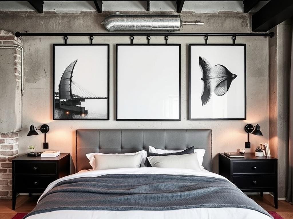 Industrial bedroom wall with artwork and warm lighting Industrial bedroom wall with artwork and warm lighting