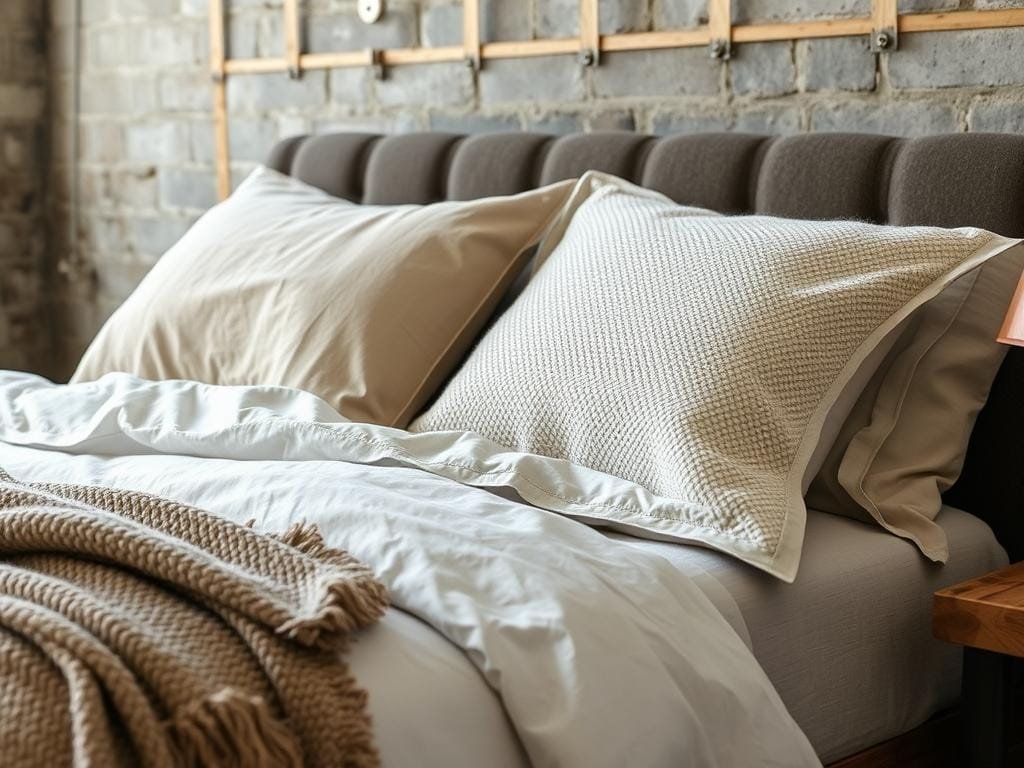 Industrial bedroom with layered textiles and soft lighting Industrial bedroom with layered textiles and soft lighting