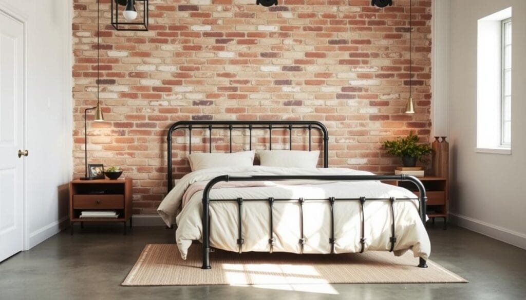 Industrial bedroom with metal bed frame, exposed brick, and soft textiles Industrial bedroom with metal bed frame, exposed brick, and soft textiles