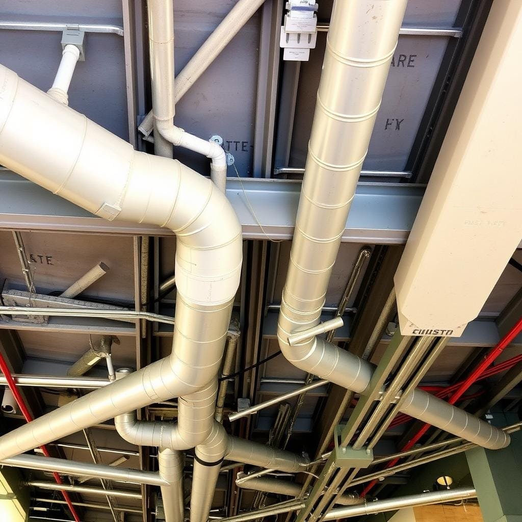 Industrial ceiling with exposed ductwork, pipes, and beams Industrial ceiling with exposed ductwork, pipes, and beams