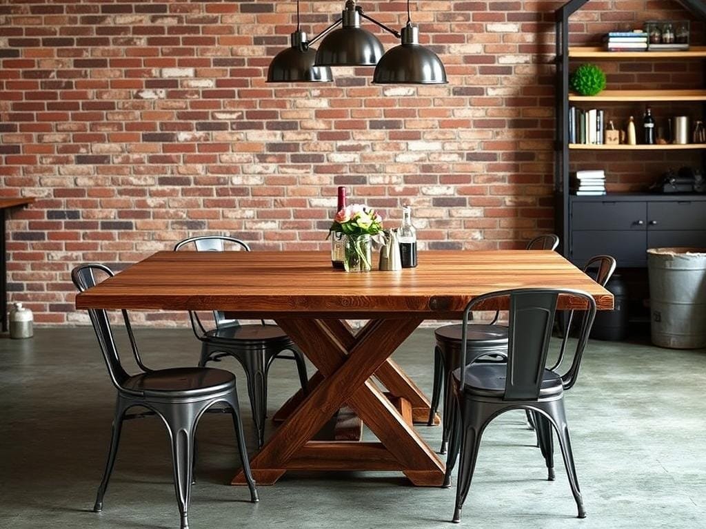 Industrial dining area with wood table softening metal chairs Industrial dining area with wood table softening metal chairs