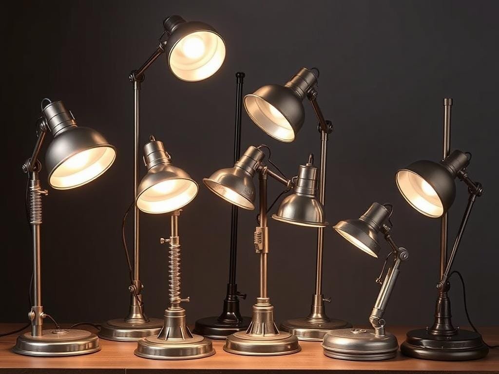 Industrial floor and table lamps with articulated arms and metal finishes Industrial floor and table lamps with articulated arms and metal finishes