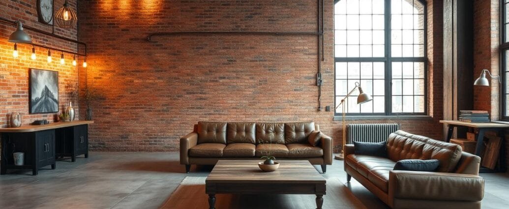 Industrial home living room with exposed brick wall, metal fixtures, and warm lighting
