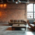 Industrial home living room with exposed brick wall, metal fixtures, and warm lighting
