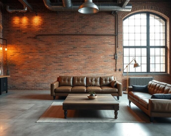 Industrial home living room with exposed brick wall, metal fixtures, and warm lighting