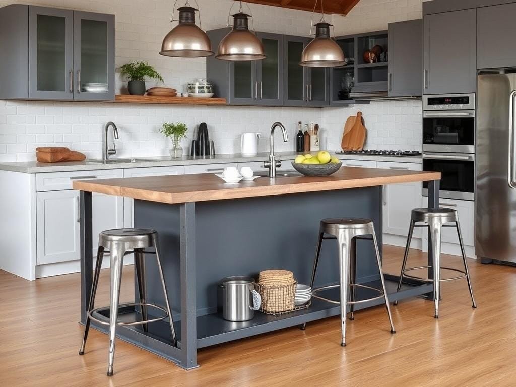 Industrial kitchen island with storage and metal bar stools Industrial kitchen island with storage and metal bar stools