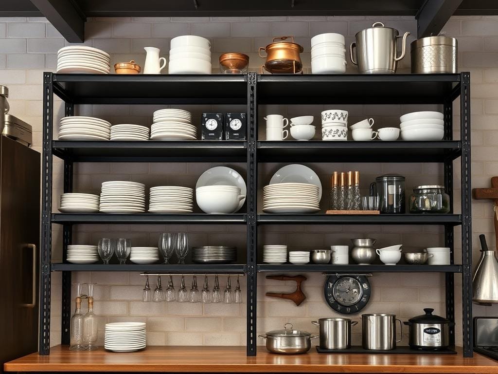 Industrial kitchen with open metal shelving displaying dishes and cookware Industrial kitchen with open metal shelving displaying dishes and cookware