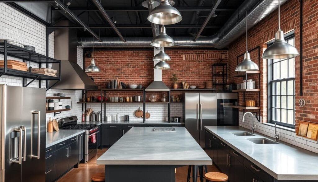 Industrial kitchen with stainless steel appliances, open shelving, and concrete countertops Industrial kitchen with stainless steel appliances, open shelving, and concrete countertops