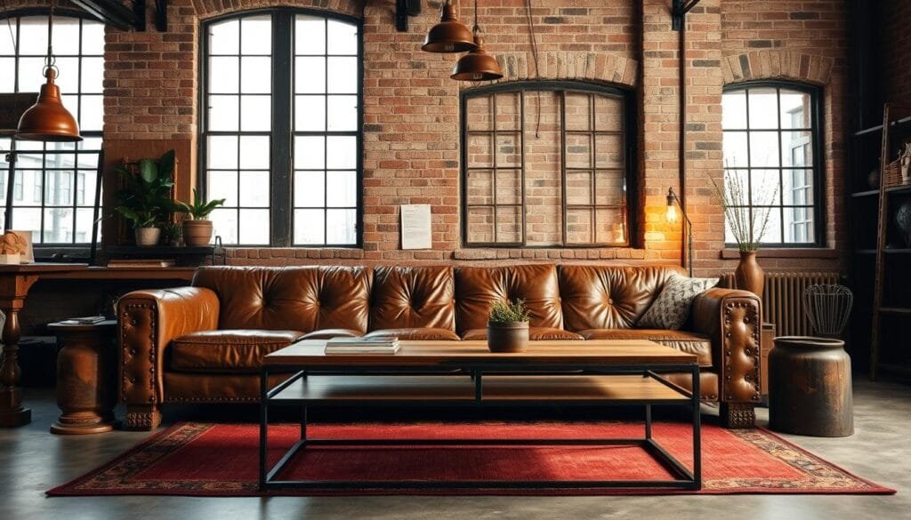 Industrial living room with leather sofa, metal coffee table, and exposed brick Industrial living room with leather sofa, metal coffee table, and exposed brick