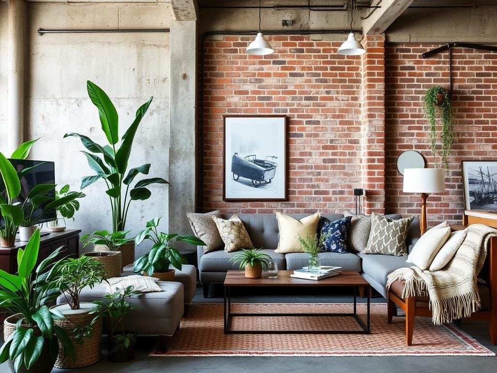 Industrial living space with plants and textiles softening raw elements Industrial living space with plants and textiles softening raw elements