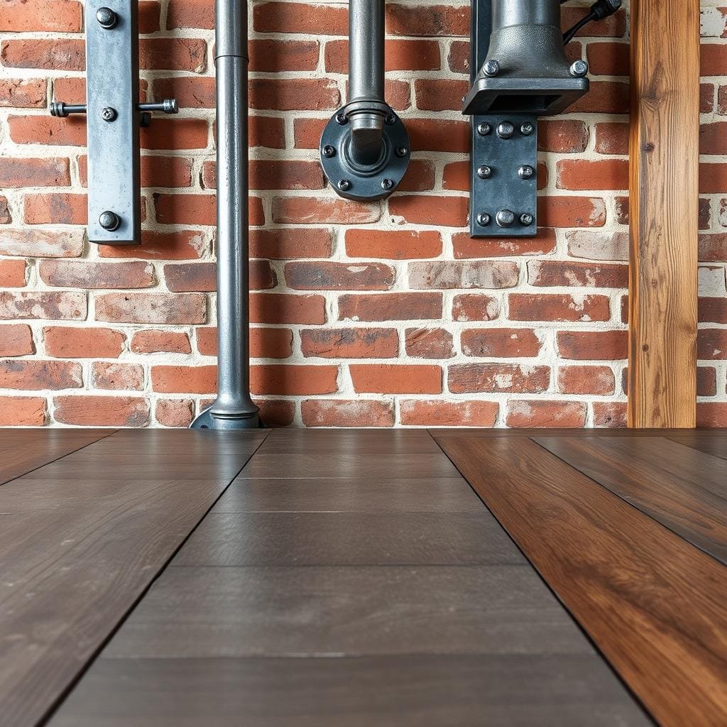 Industrial materials including exposed brick, concrete, and metal Industrial materials including exposed brick, concrete, and metal