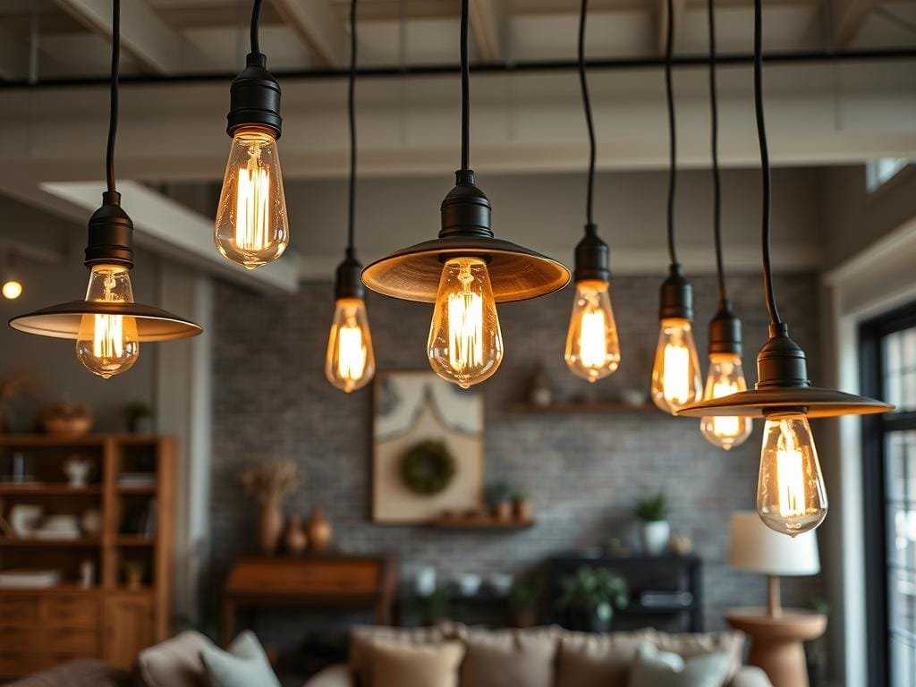 Industrial pendant lights with exposed bulbs over seating area Industrial pendant lights with exposed bulbs over seating area