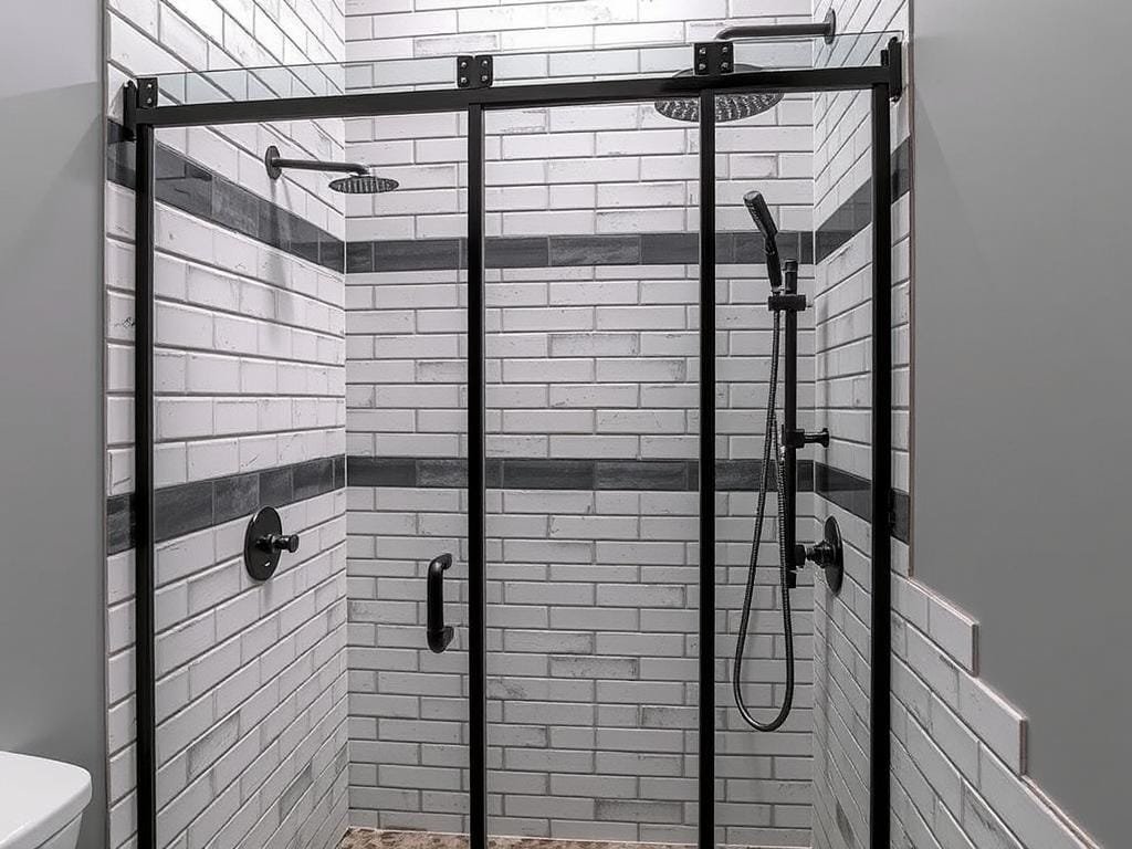 Industrial shower with glass and metal enclosure and subway tile Industrial shower with glass and metal enclosure and subway tile