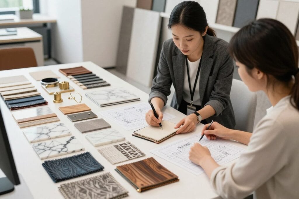 Interior designer reviewing material samples and plans with client