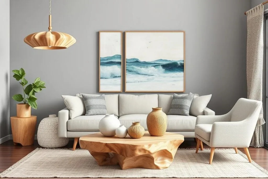 Key statement pieces that embody 2026 coastal design including sculptural lighting, organic furniture, and artisanal accessories