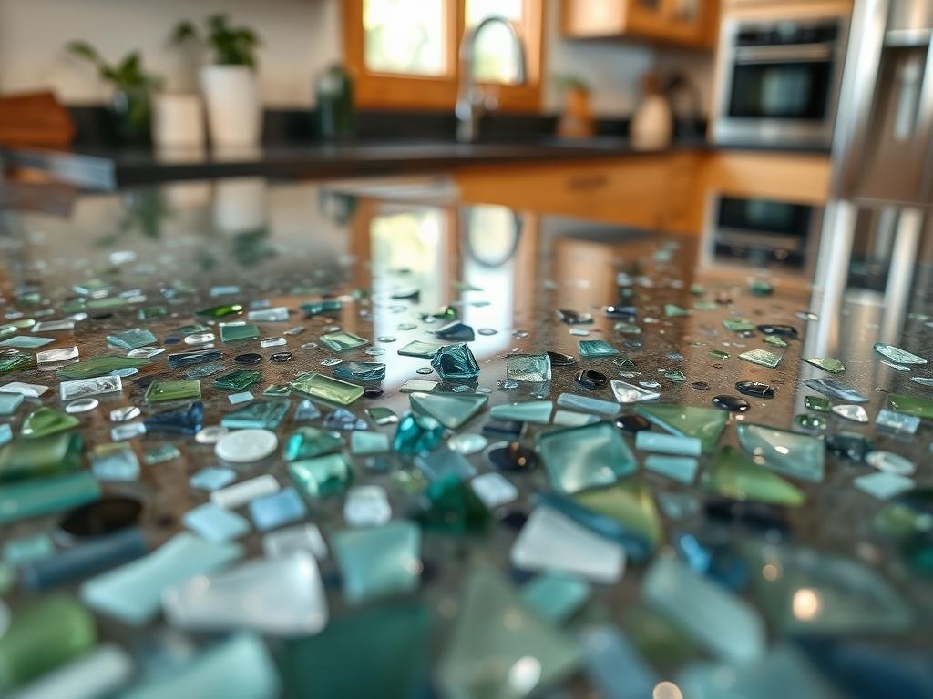 Kitchen countertop made from recycled glass in a modern eco-friendly kitchen