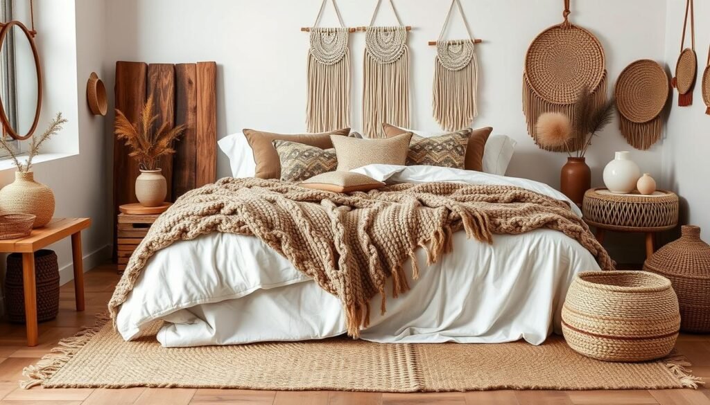 Layered textures in a Boho bedroom showing 2026 Boho Interior Design Trends