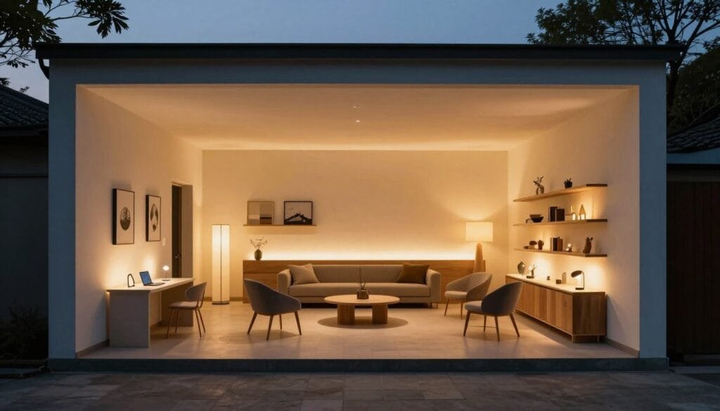 Lighting design for small spaces in 2026 showing layered lighting, integrated fixtures, and smart systems