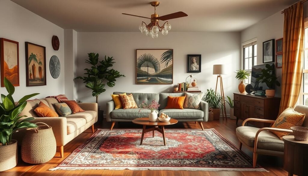 Living room blending vintage and modern elements in 2026 Boho Interior Design Trends