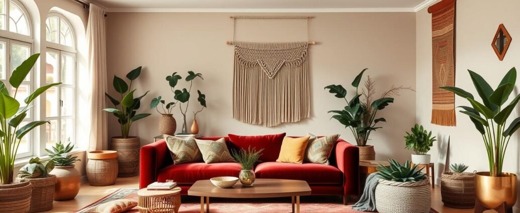 Living room featuring 2026 Boho Interior Design Trends with earthy neutral walls and bold maximalist accents
