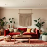 Living room featuring 2026 Boho Interior Design Trends with earthy neutral walls and bold maximalist accents