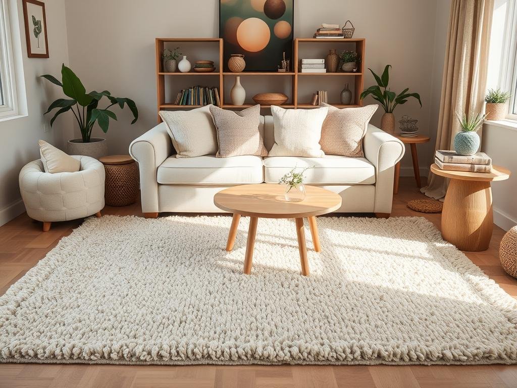 Living room featuring a natural wool rug and hemp throw pillows