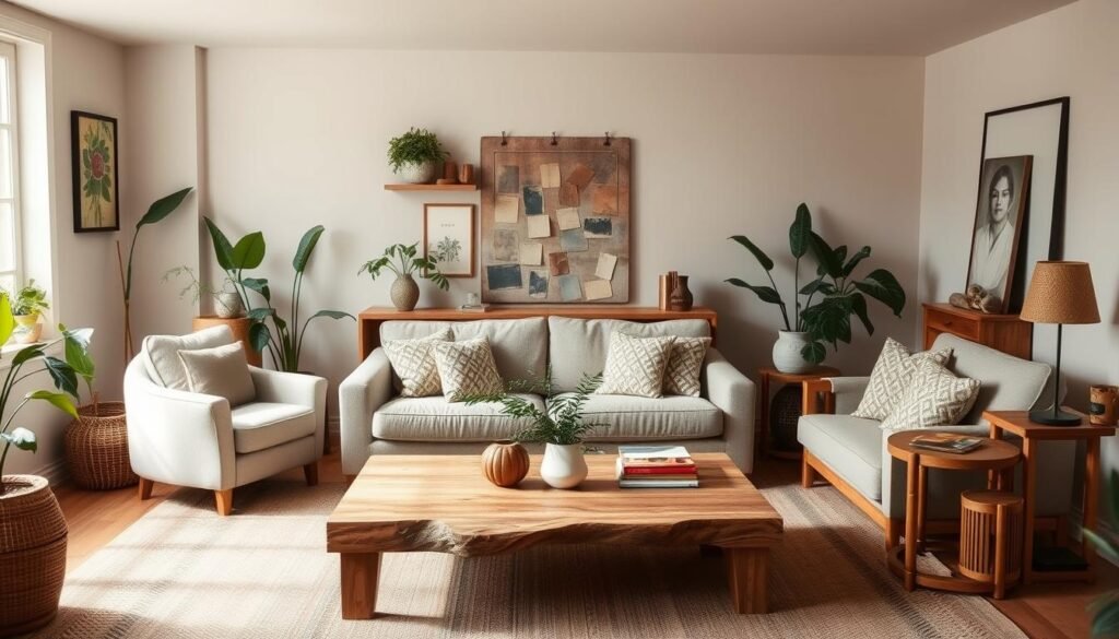 Living room featuring sustainable furniture including reclaimed wood coffee table, organic cotton sofa, and vintage accessories demonstrating eco friendly living and sustainability in home interior design