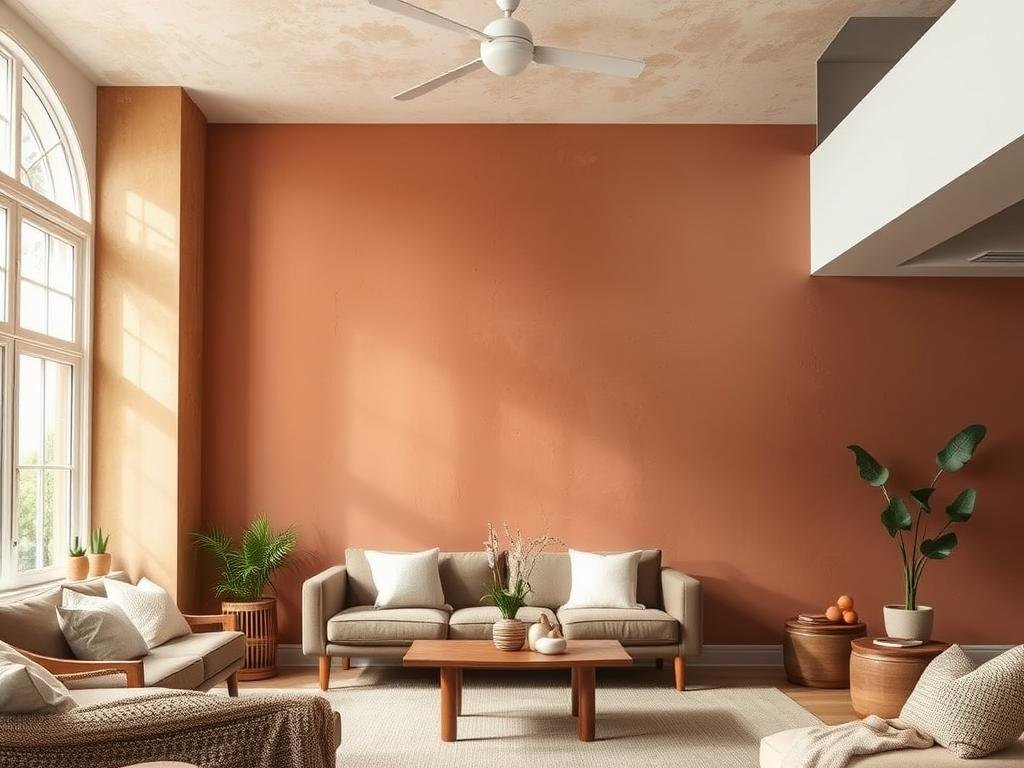 Living room wall finished with natural clay paint in warm earth tone