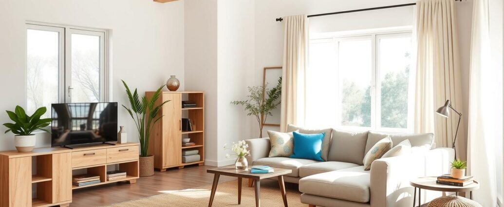 Living room with budget-friendly multi-functional furniture and natural light